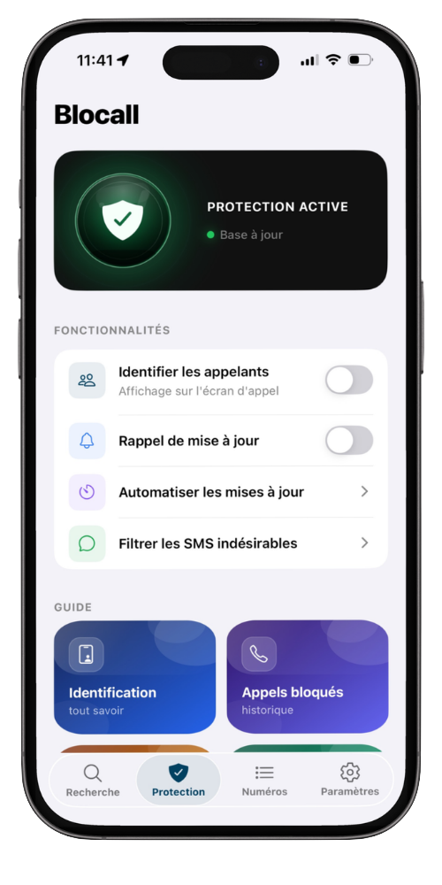 Écran d'accueil de l'application Blocall